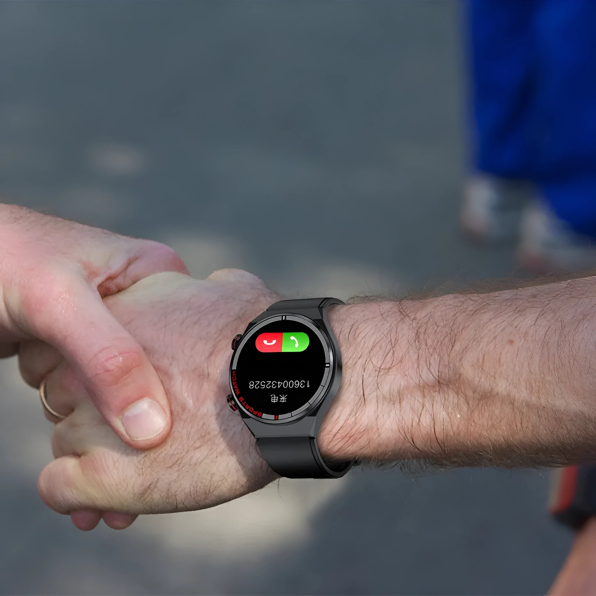 Smartwatch with rotary dial on case, genuine leather strap, and 1.3-inch display showing health stats.