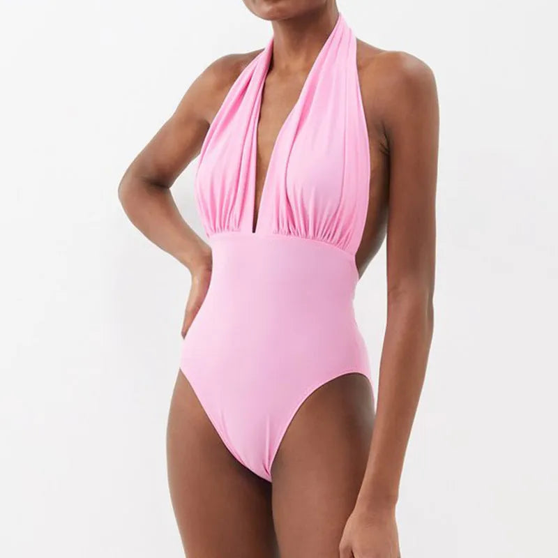 Women's deep V halter backless one-piece swimsuit in flower suit colour with skirt included