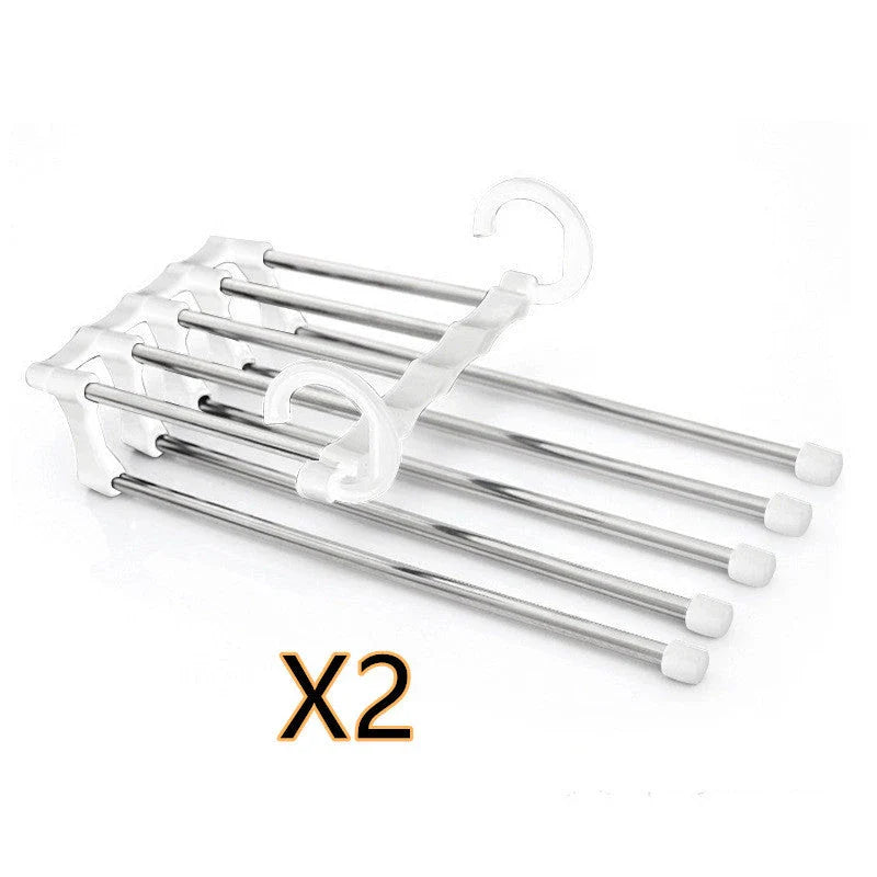 Versatile 5-in-1 stainless steel clothing rack with dual-hook system for organised wardrobe