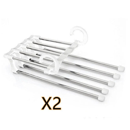 Versatile 5-in-1 stainless steel clothing rack with dual-hook system for organised wardrobe