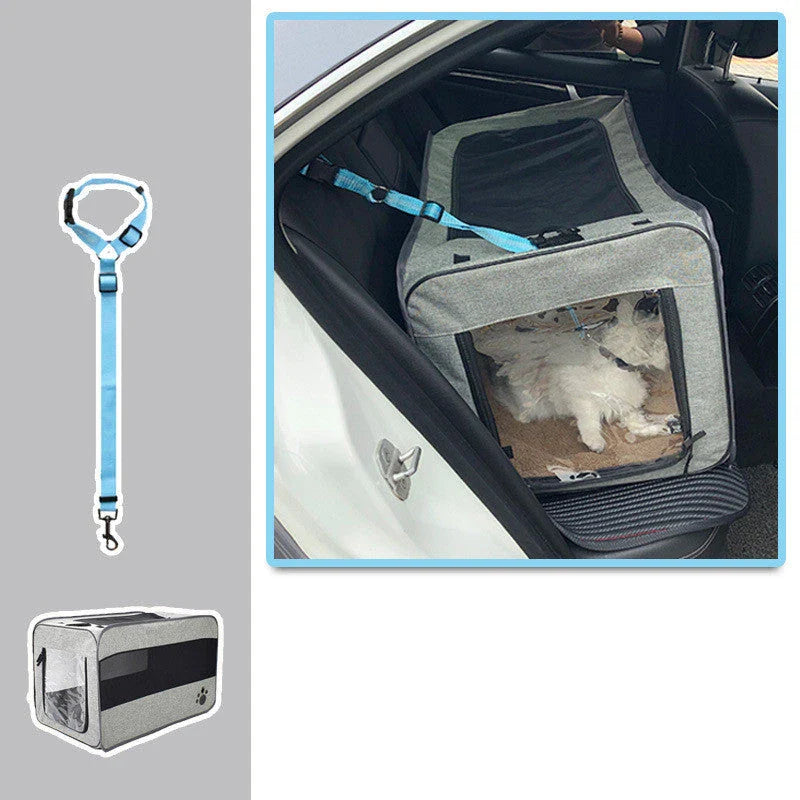 Premium soft-sided pet carrier with seatbelt straps, foldable design, and removable cushion for safe and comfortable pet travel