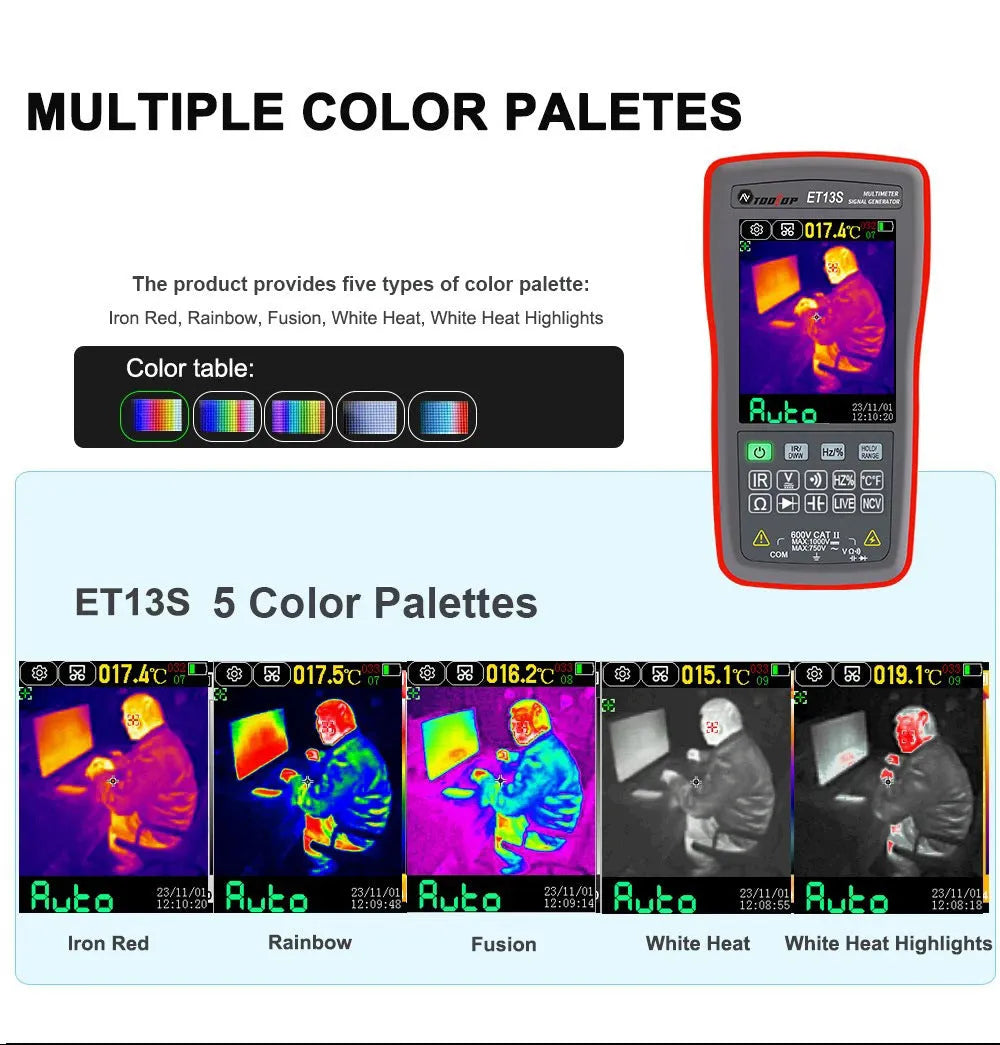 ET13S thermal imaging multimeter with 2.8-inch touchscreen display showing thermal pattern