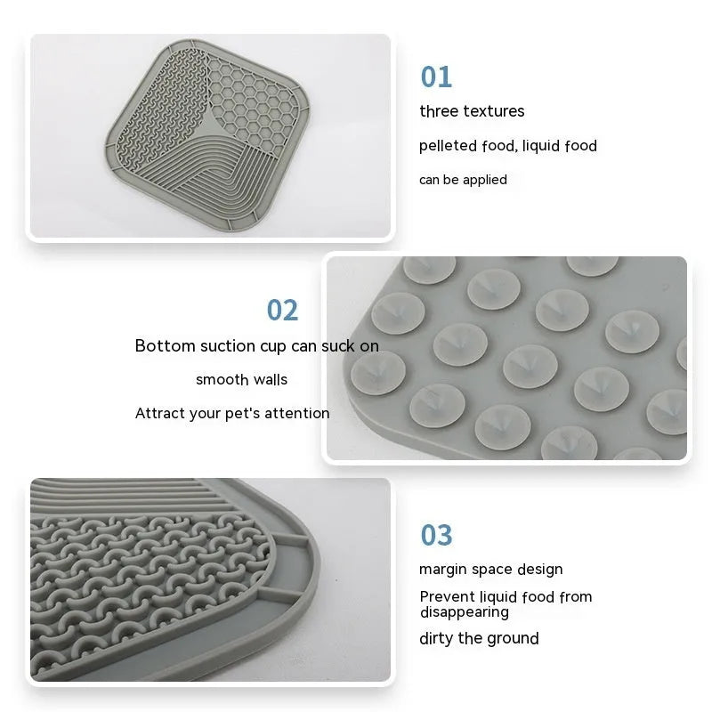 Gray silicone anti-choke slow feeding dog licking pad with textured surface on a flat surface