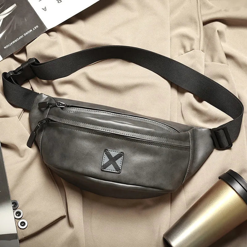 Korean men's waterproof PU shoulder bag in black crossbody style