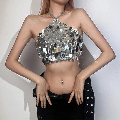 Women's silver halter backless sequined vest with micro elasticity