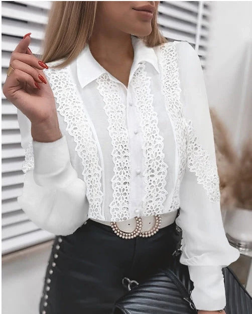 Women's lace long sleeve V-neck button shirt with floral panel and lace flare sleeves