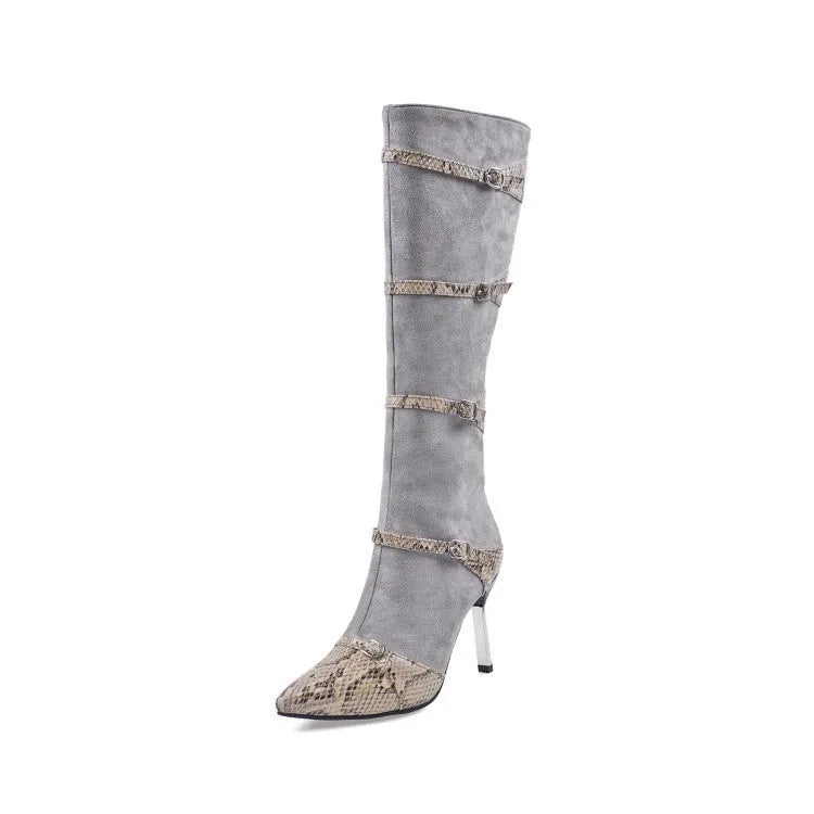 Women's grey knee-high boots with a thin high heel on a white background.