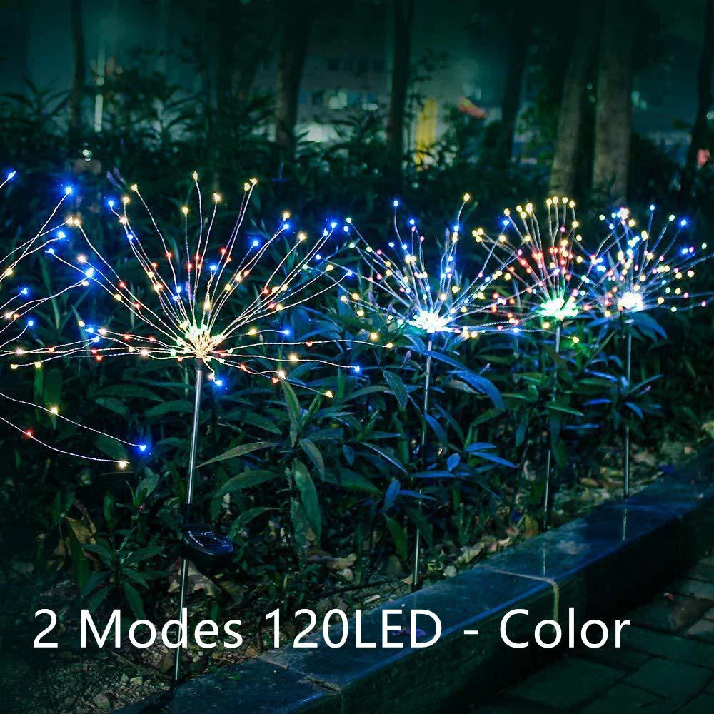 Solar-powered string lights with fireworks-inspired lighting effects, perfect for outdoor gardens, patios, and parties