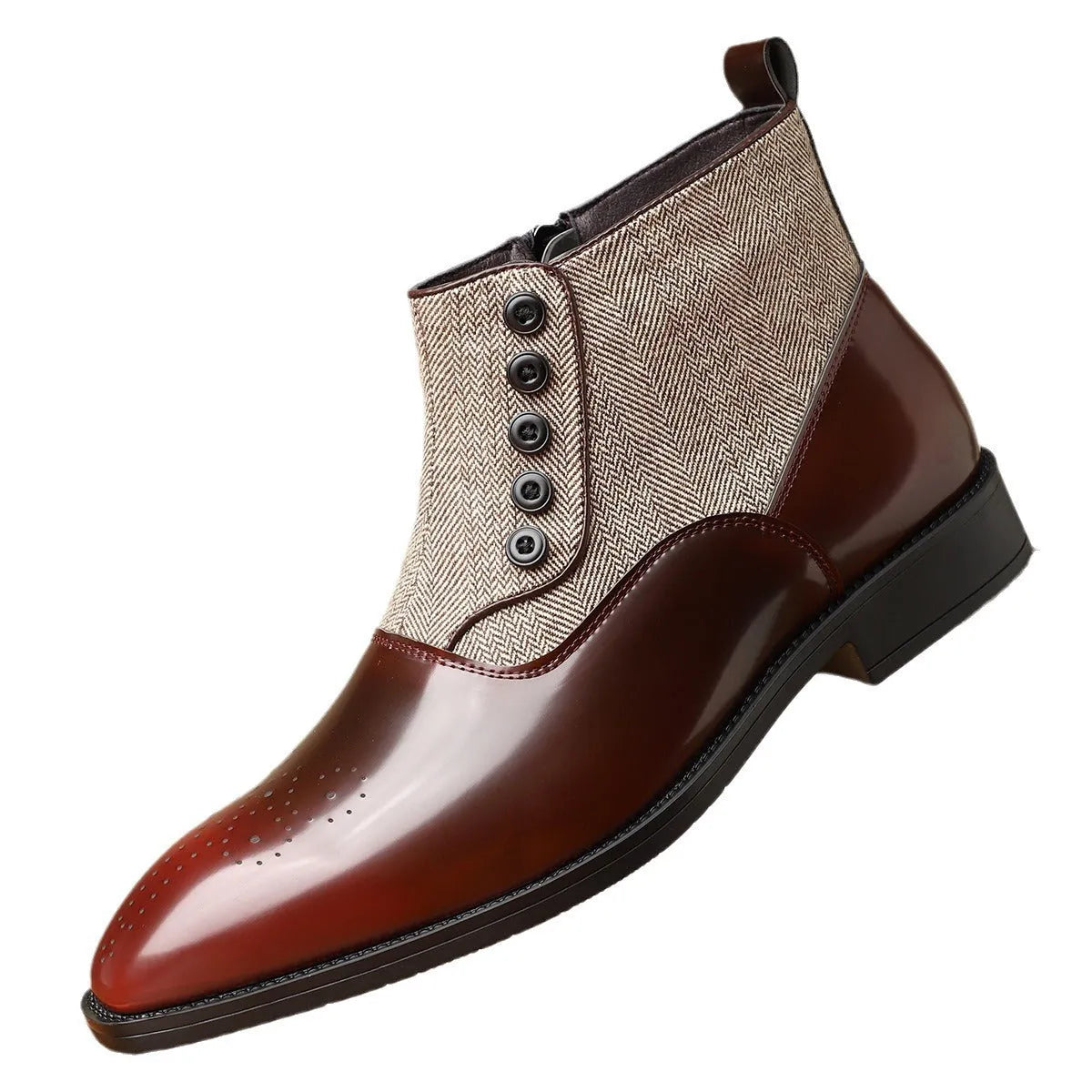 Brown men's formal Oxford shoes with a side zipper, square toe, and low block heel on a rubber sole.