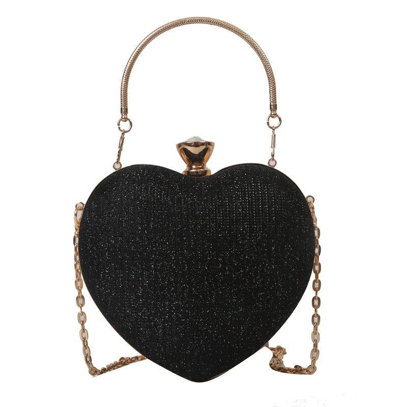 Heart-shaped shiny metal clutch bag with chain strap in various colours