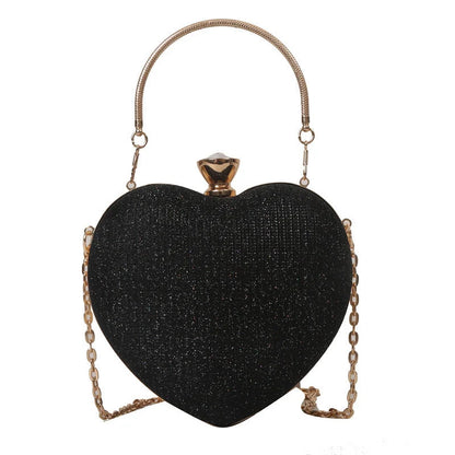 Heart-shaped shiny metal clutch bag with chain strap in various colours
