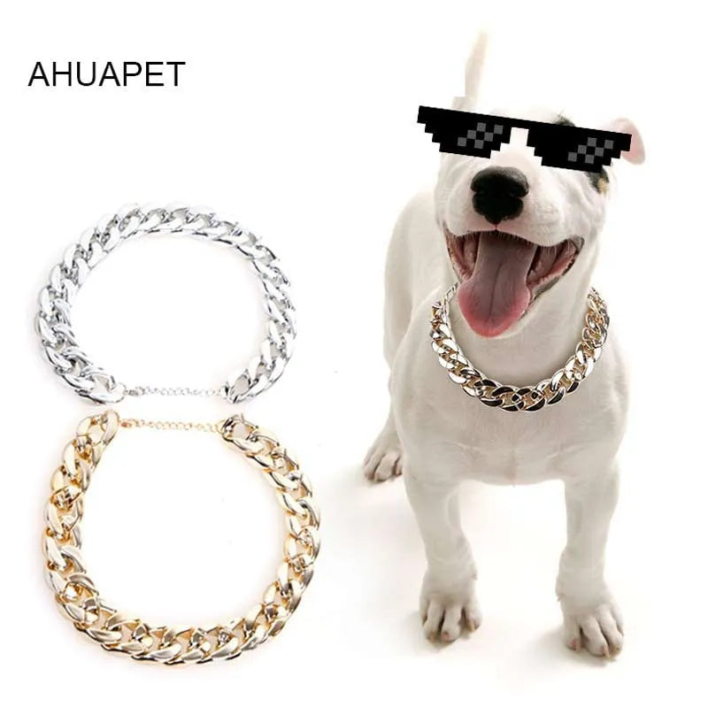 Gold chain dog collar with geometric plastic and resin ornaments on small dog neck