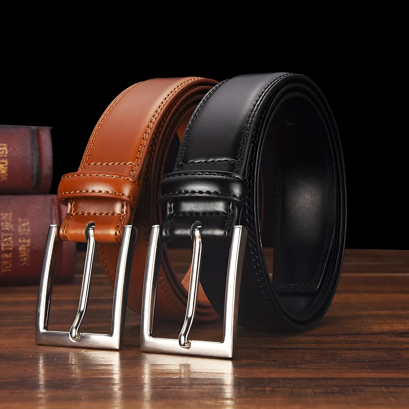 Men's black genuine leather belt with a silver pin buckle shown on a flat surface