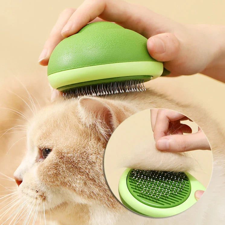 Avocado-shaped dual-functioning pet grooming brush with massage and deshedding capabilities for healthy, shiny coats