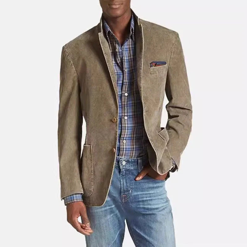 Men's khaki denim suit with three pockets and classic lapels