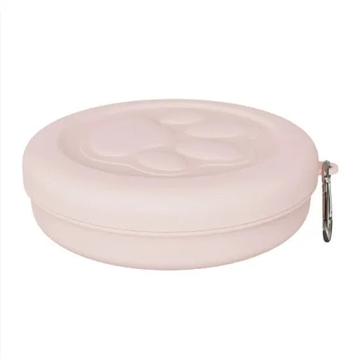 Portable plastic dog food and water bowl in S and L sizes, showing colour options including pink and green.