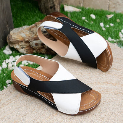 Women's summer wedges sandals with colourblock cross-strap design in various colours