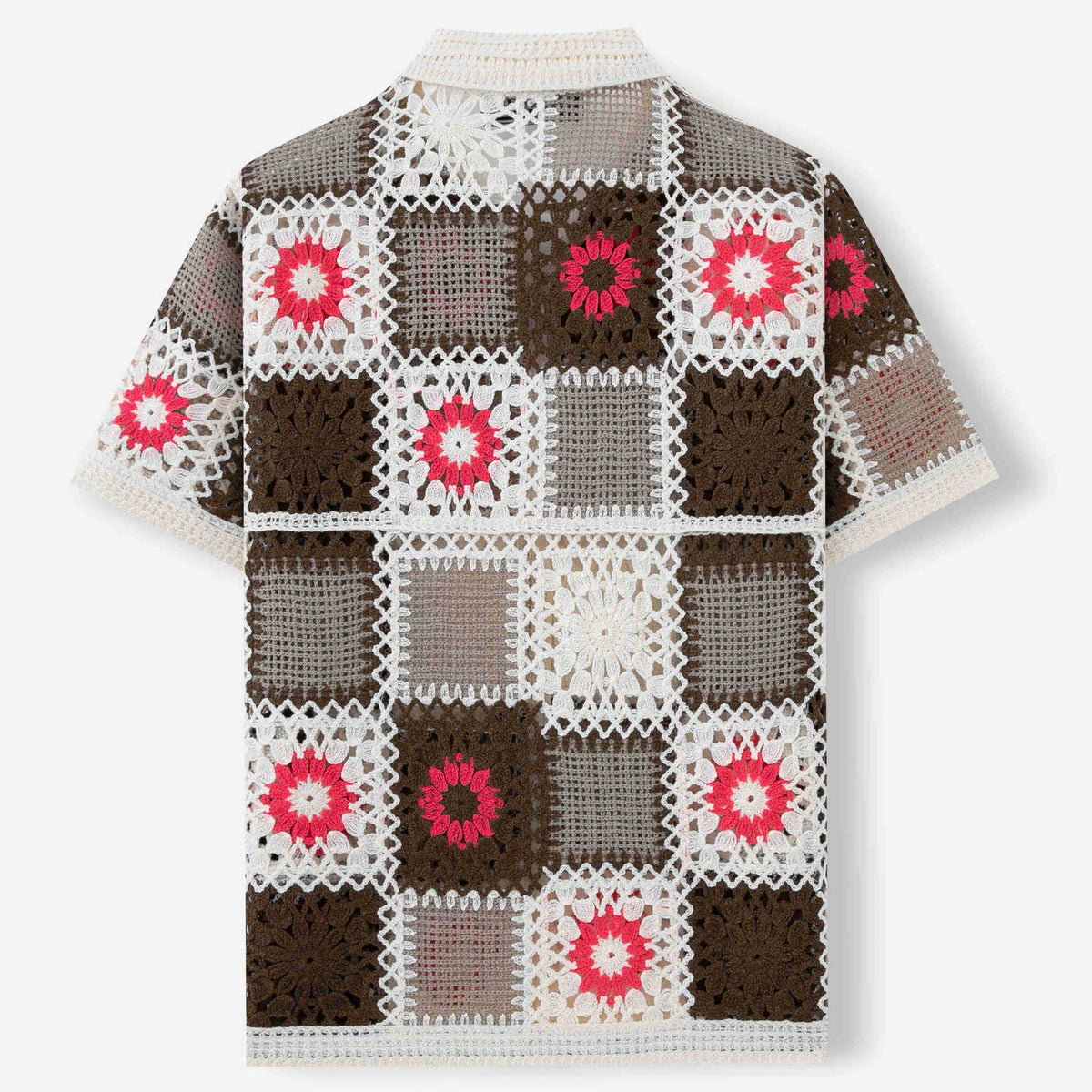 White crocheted short sleeve sweater dress with hollow bandage pattern and flocking detail.
