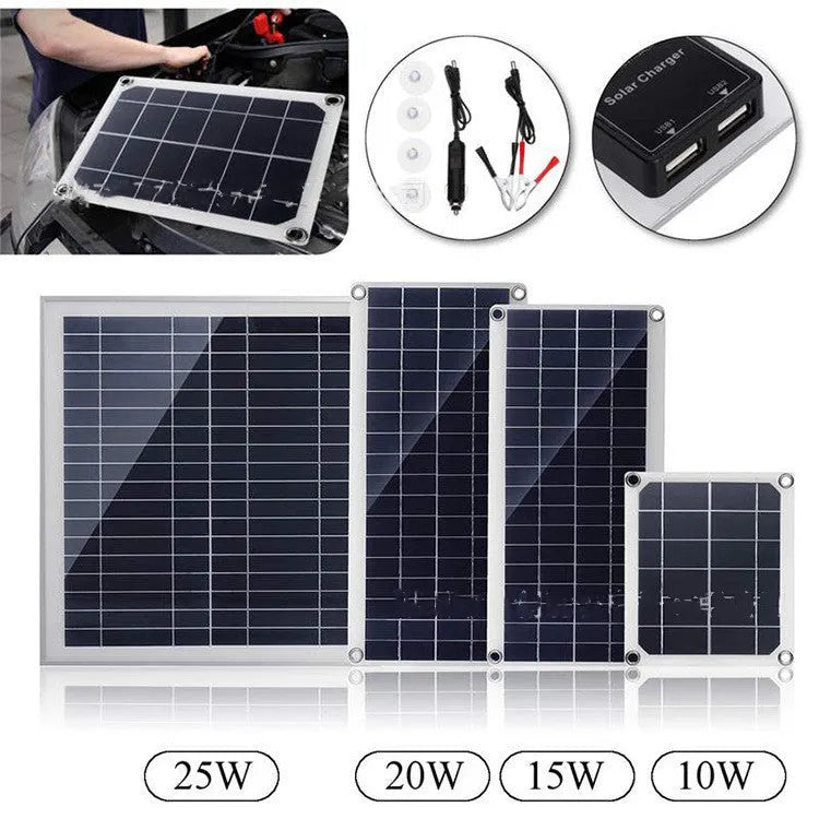 Portable 10W solar panel with dual USB ports and suction cups for outdoor device charging