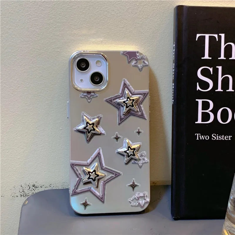 Silver grey electroplated three-dimensional star hard acrylic phone case for iPhone on white background