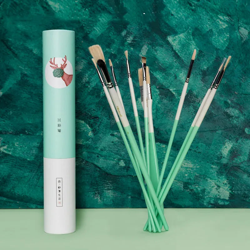 Acrylic gouache paint brush set featuring fan-shaped brushes, a wide brush, and detailing tools on a hook line holder.