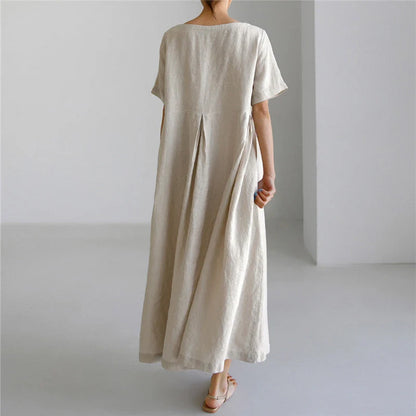 Loose cotton and linen pullover round neck dress in navy blue, army green, and apricot