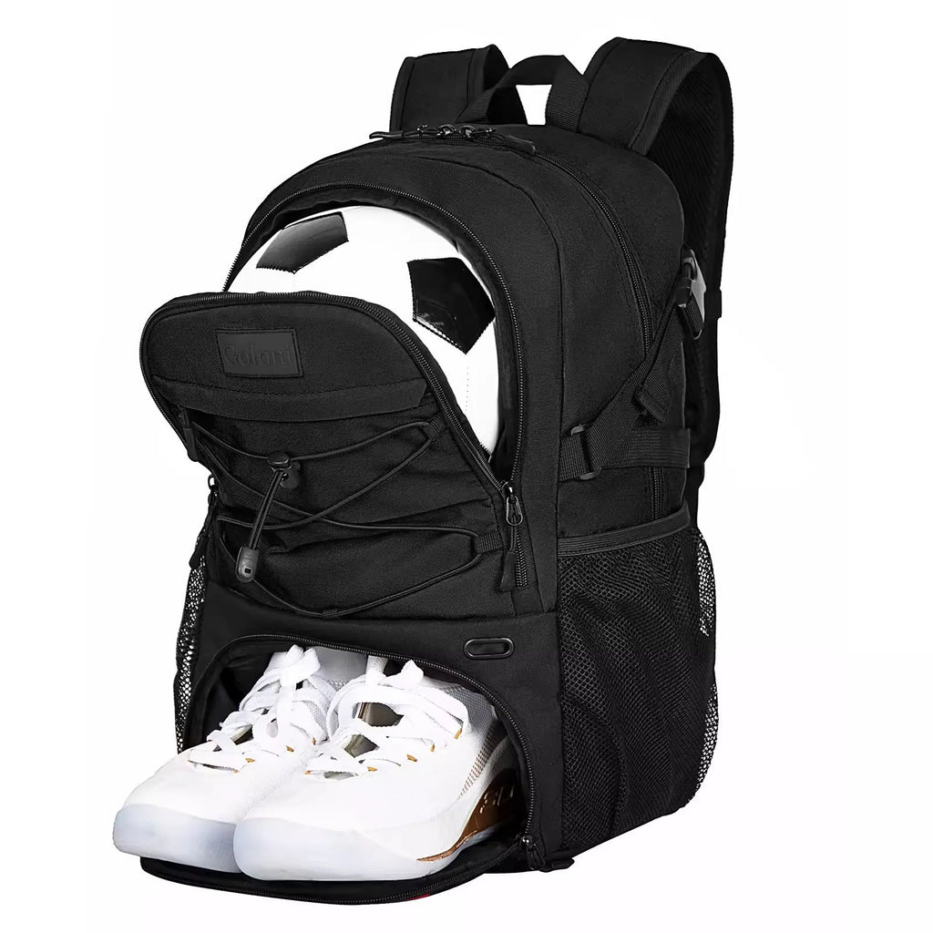 Oxford cloth basketball training backpack in black, showing 25-35L capacity for shoe storage
