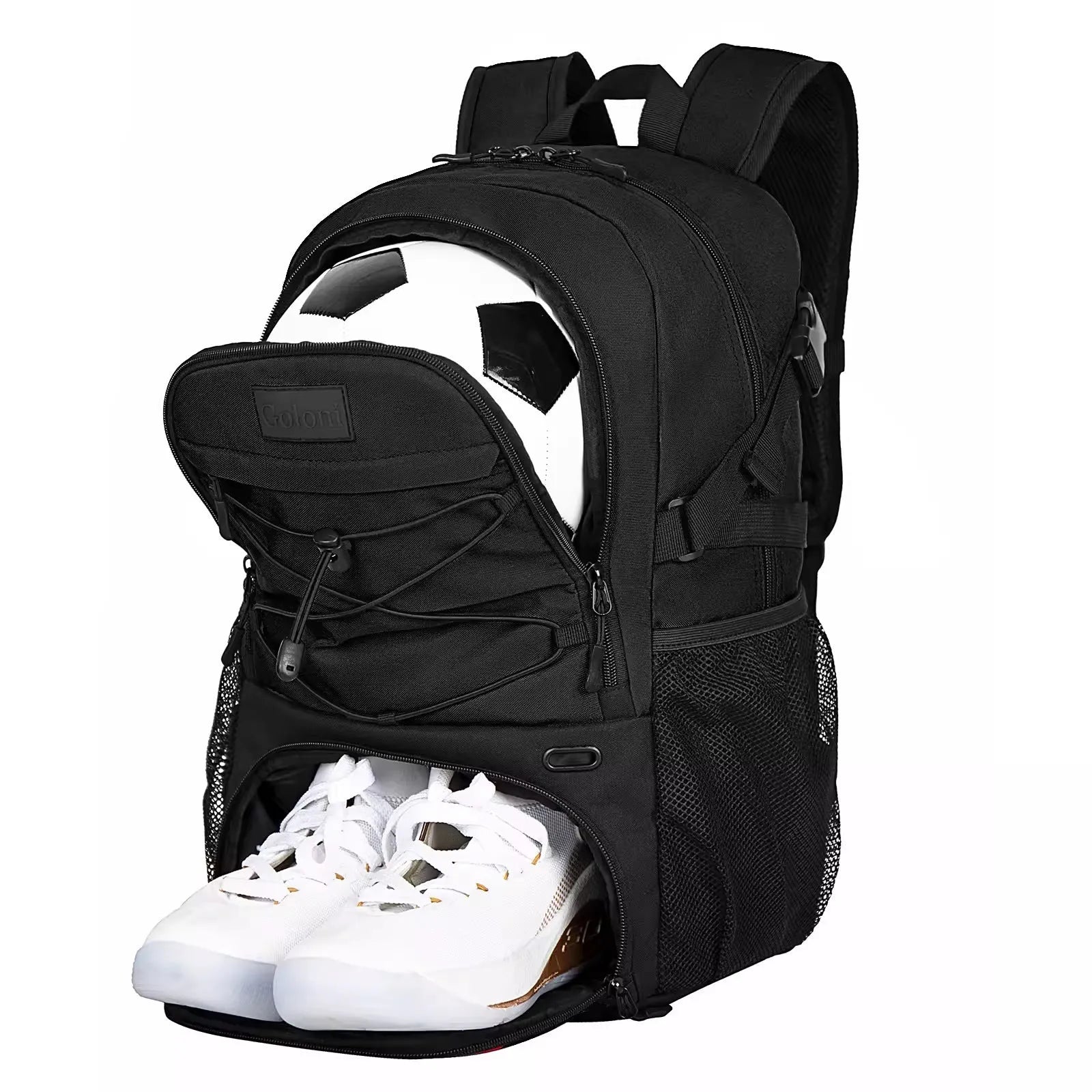 Oxford cloth basketball training backpack in black, showing 25-35L capacity for shoe storage