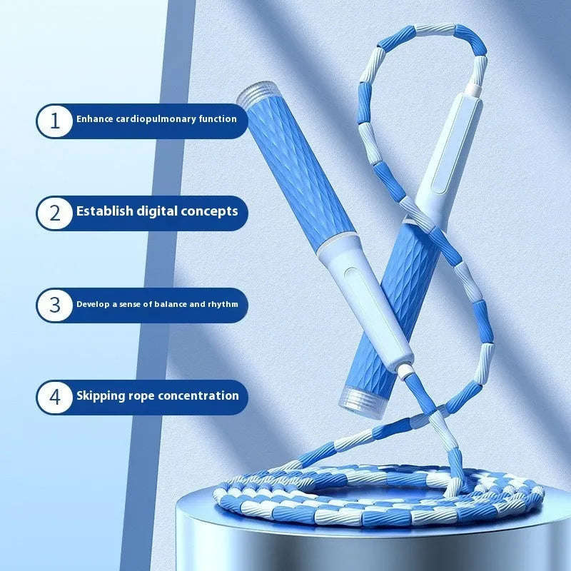 Children's bamboo bead skipping rope in blue with plastic foam handles