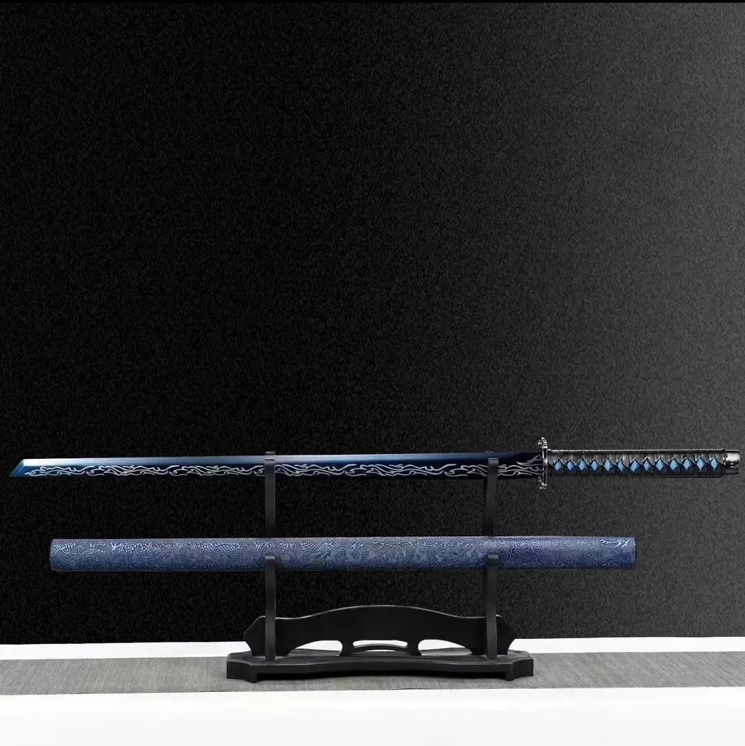 Blue Dragon Tang Horizontal Saber with high manganese steel blade and plastic steel scabbard on display