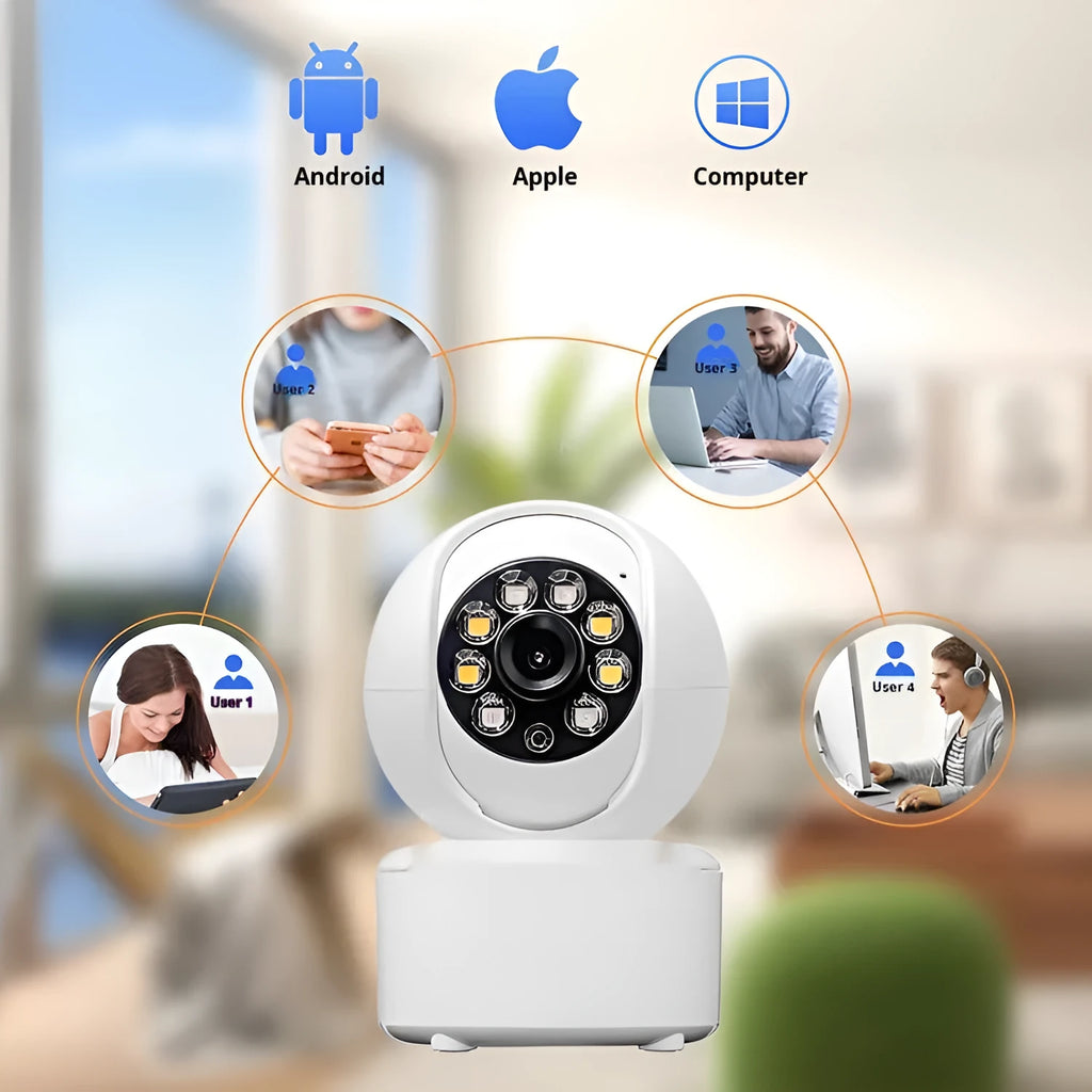 Indoor 1080p security camera with ceiling mount bracket on a white background.
