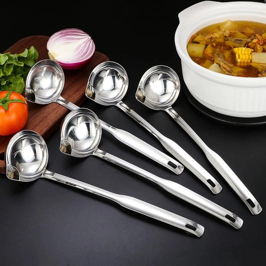 Stainless steel soup oil separator spoon with filter holes for healthier cooking