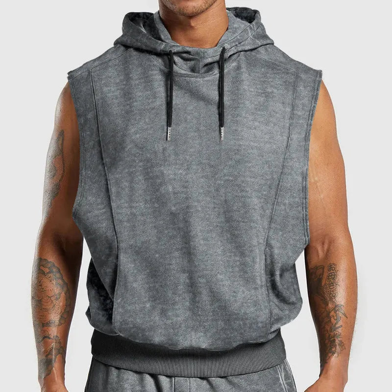 Men's distressed floral print sleeveless hooded top with 3D patch pocket