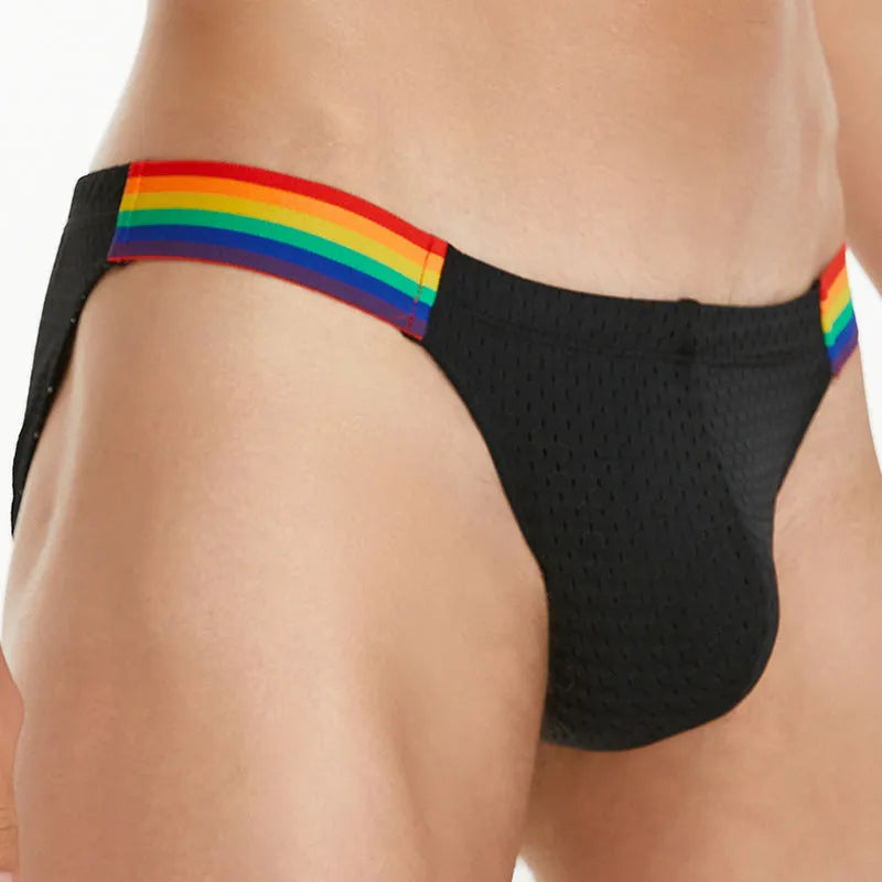 Men's nylon mesh briefs with rainbow waistband in black, white and dark blue colours