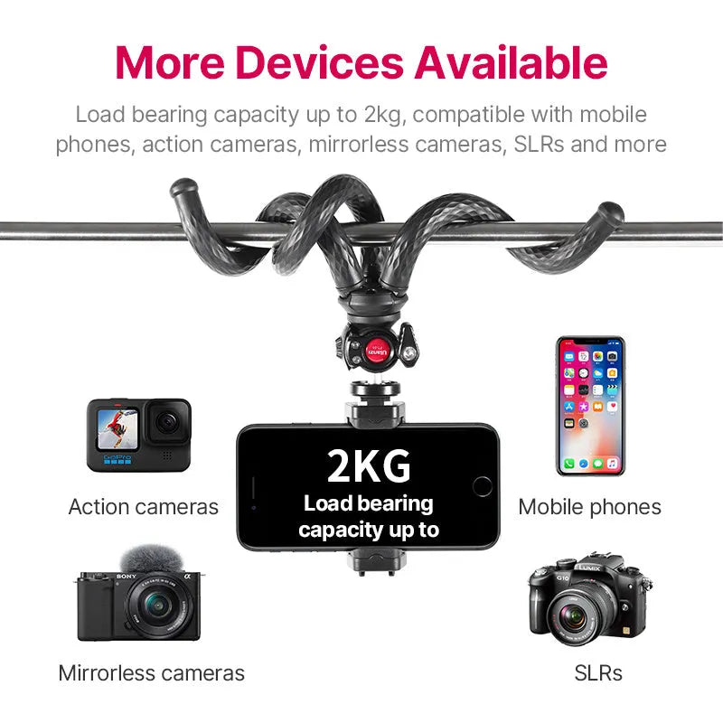 Black octopus leg mobile phone tripod extended to 360mm with adjustable phone clip