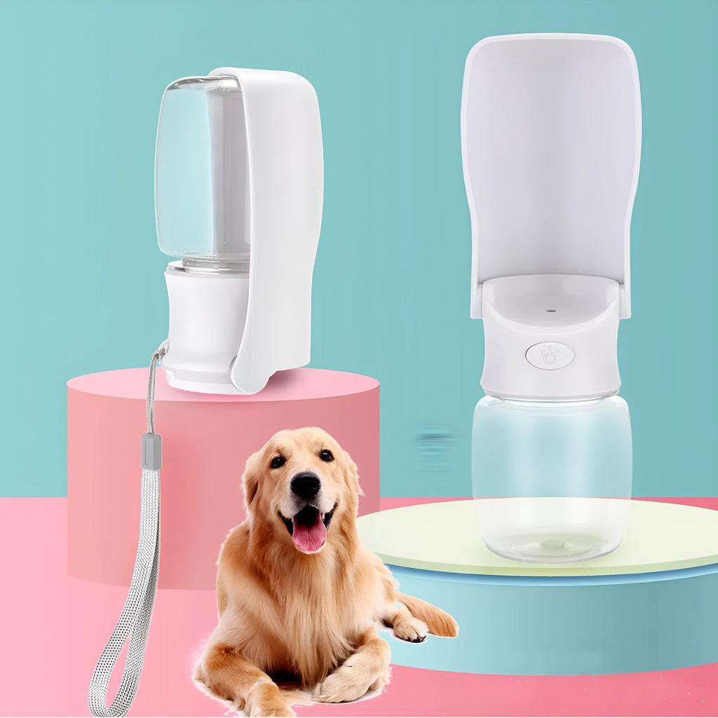 Collapsible dog water bottle with foldable pet water dispenser in blue, pink, or white colour options