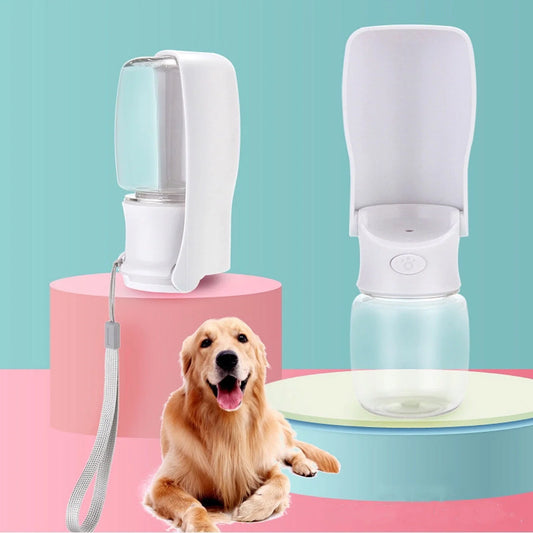 Foldable dog water bottle in blue, white, and pink, showing collapsible design and water dispensing feature