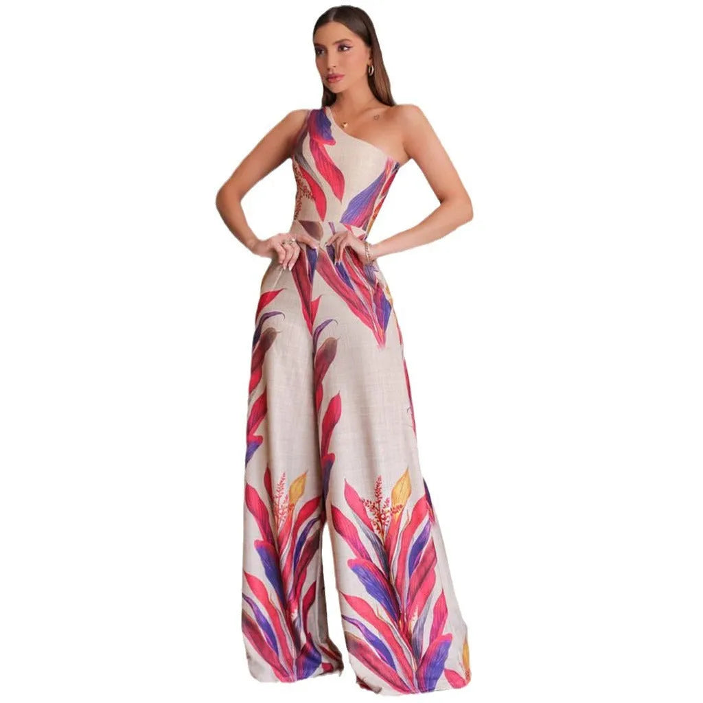 Women's one-shoulder printed sleeveless long dress in polyester, slim fit, urban style, available in sizes S to 3XL