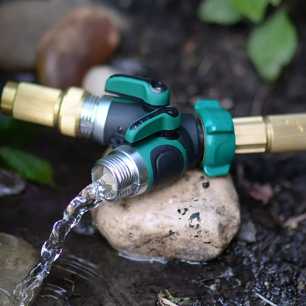 Copper finish zinc alloy garden hose splitter with ball valve control mechanism