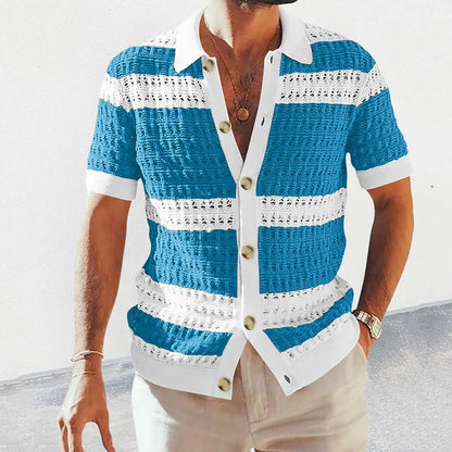Men's summer knitted polo neck short sleeve cardigan in breathable polyester