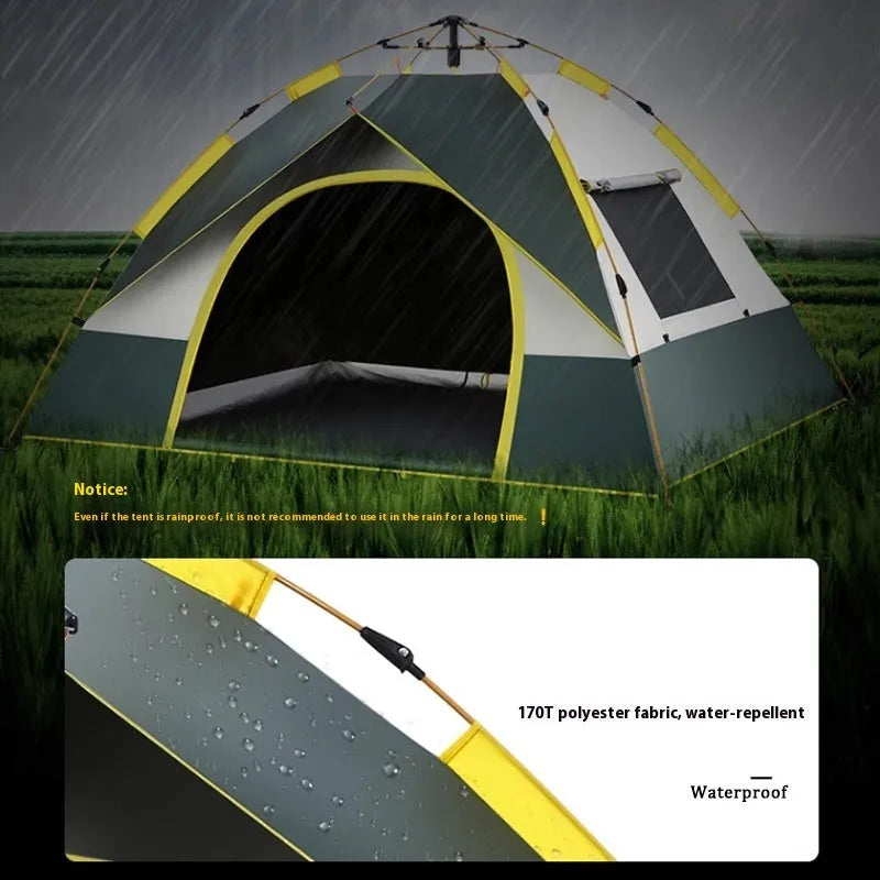 Dark green silver glue automatic quick-open camping tent for 3-4 people, shown erected outdoors.