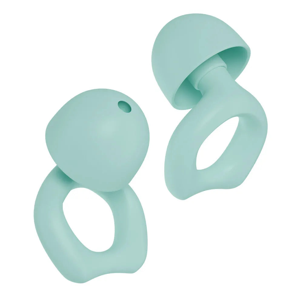A pair of black silicone soundproof earplugs on a white background.