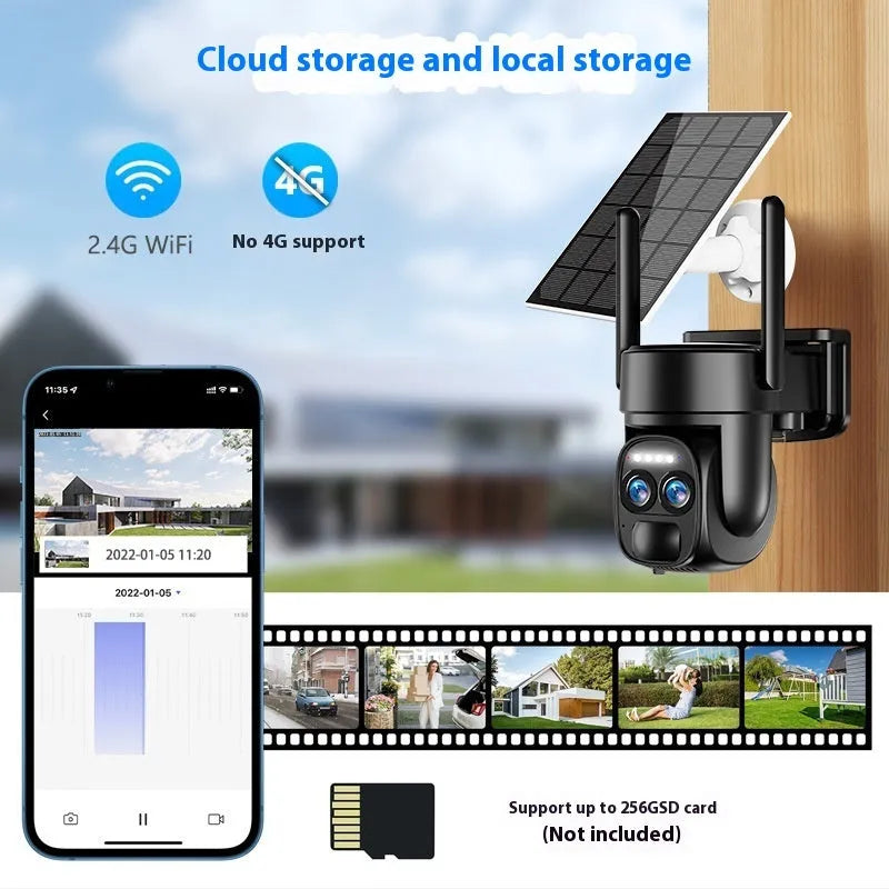 Solar-powered security camera with 8x zoom lens mounted on exterior wall