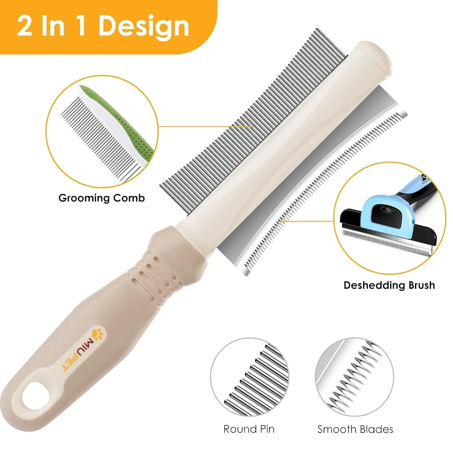 White double-sided pet grooming brush with curved comb and deshedding head on a 230mm handle.