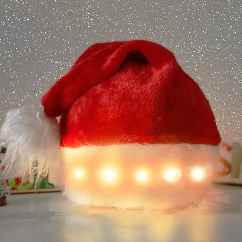 Red and white plush Santa Christmas hat with LED lights illuminated, featuring a pom-pom and stretchy spandex band.