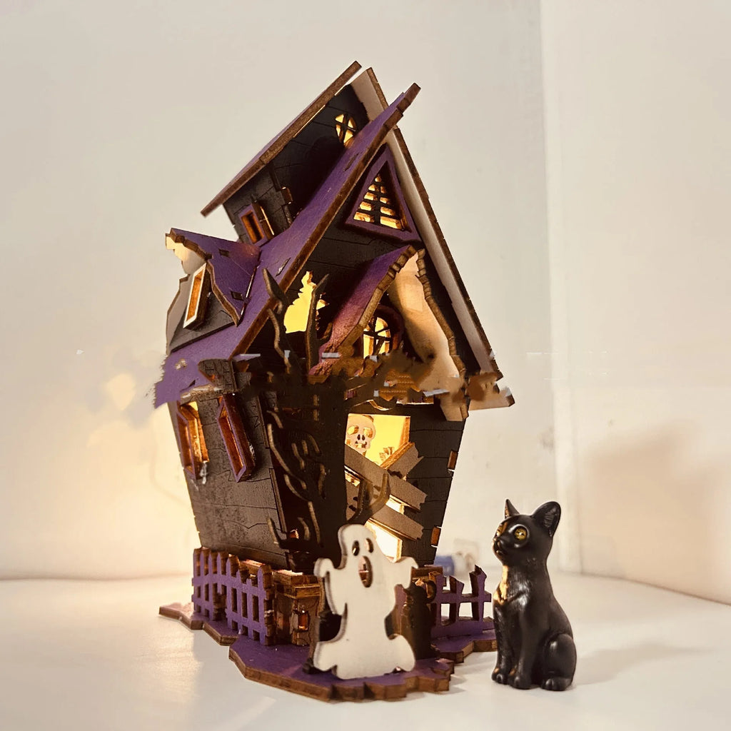 DIY wooden haunted house Halloween table decoration with candlestick function