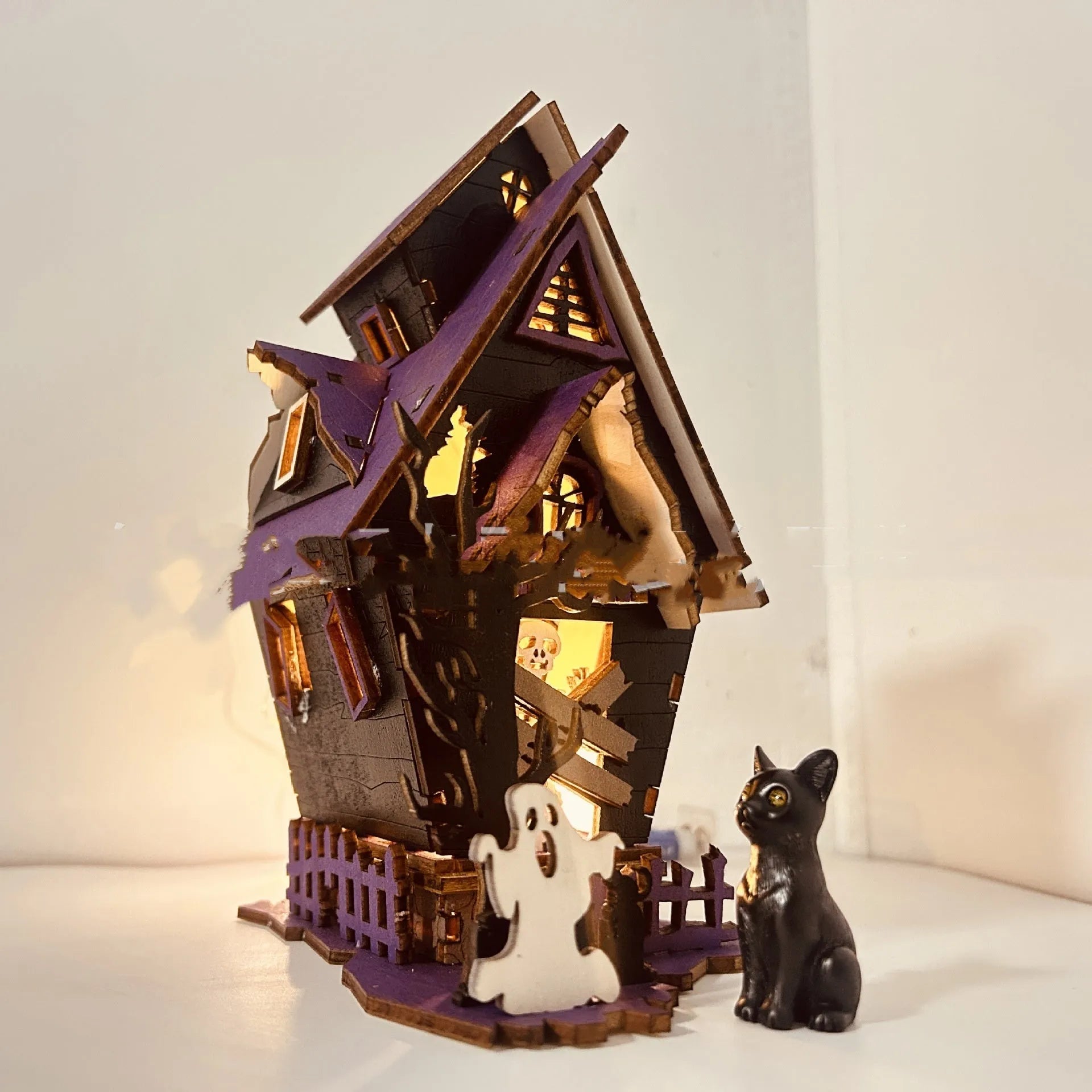 DIY wooden haunted house Halloween table decoration with candlestick function