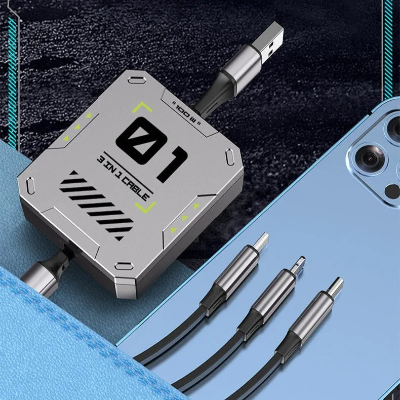 Three-in-one telescopic data cable 100W super fast charge Mini USB TPE+ABS grey black
