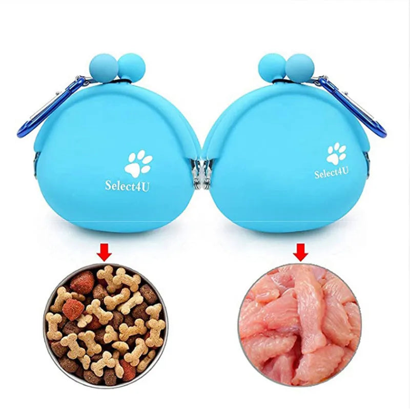 Yellow silicone dog treat bag with waist clip, shown open to reveal storage pocket.