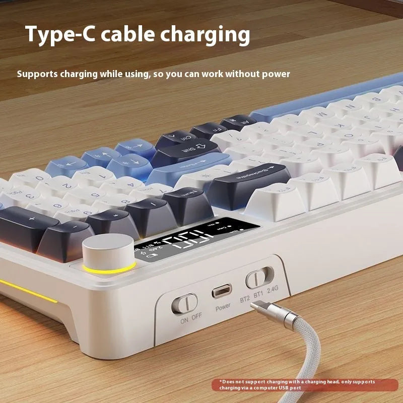 Wireless Bluetooth keyboard and mouse set with mechanical feeling keys shown in blue white colour combination